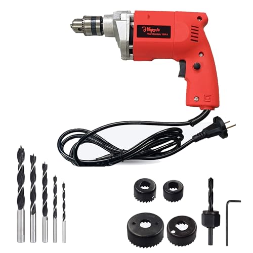Image of Hillgrove HGCM1106M1 500W Power Drill Machine with 5Pcs Wood Bits and 6Pcs Hole Saw Drill Bits for Making Holes in Metal /Wood /Concrete Pistol Grip Drill (10 mm Chuck Size)