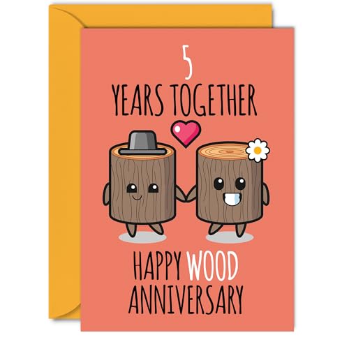 Cute Wooden Anniversary Card for Boyfriend Girlfriend, 5 Years Together