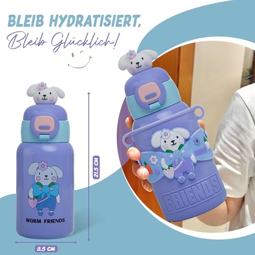 Trinkflasche Kinder Auslaufsicher, 450ml Edelstahl-Trinkflasche für Schule und Kindergarten, Mädchen, Jungen, Wasserflasche BPA-Frei für Kaltes und Heißes (Flieder)