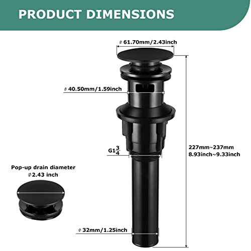 Parlos Pop Up Drain Stopper With Overflow For Bathroom Sink Faucet Vessel Vanity, Matte Black, 20861 #TOP1