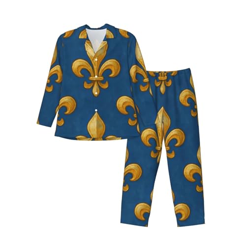 Mens Long Sleeves Pajama Set France Blue Fleur-De-Lis Cozy Two-Piece Loungewear For Nighttime Comfort,Casual Wear