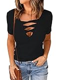 Summer Sexy Black Tops for Women Deep V Neck Short Sleeve 2025 Trendy Cleavage Criss Cross Low Cut Plunge Concert Going Out Date Night Party Club Ribbed Knit T Shirts Fitted Blouses M