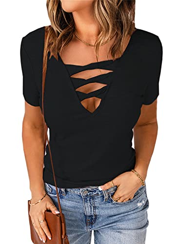 Womens Summer Deep V Neck Tops Sexy Casual Short Sleeve Low Cut Out T Shirts Blouse
