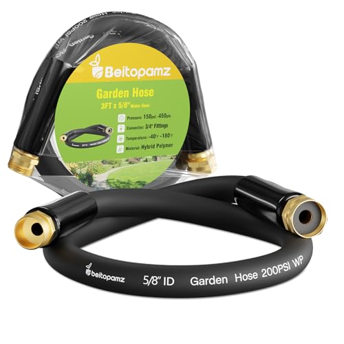 Image of Beitopamz Short Garden Hose 3 ft x 5 /8 in Male to Female Heavy Duty Small Water Hose Extend Connector, Lightweight Rubber Hybrid Leader Hose, Leak-Free Connections, 3 /4'' Brass Fittings, Black
