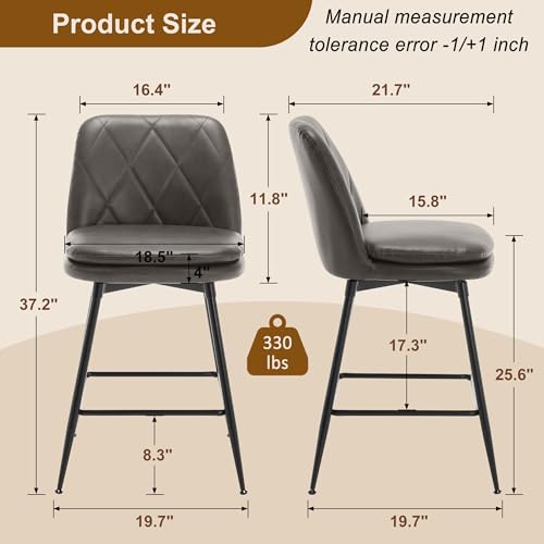 Image of Swivel Bar Stools Set of 4, Swivel Counter Height Bar Stools Set with Metal Legs and Upholstered Faux-Leather Seats, Modern Bar Stool with Back for Kitchen Island (A26 H, Grey)