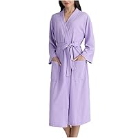 Dressing Gown Womens Lightweight Waffle Full-Length Robe Gowns Long Bathrobe Soft Luxury Dressing Gown Pajamas V Neck Long Sleeves Bath Robes with Belt