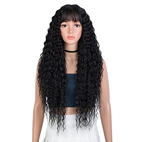JOEDIR LUX Wigs for Black Women Long Wavy Wig Heat Resistant Synthetic Wig 30 Inches long 2"x4" Simulated Scalp Wigs for Women 180% Density (30 INCH, 1B)