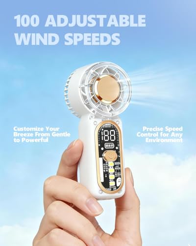 Image of Portable Handheld Mini Fan, Hand Held fans with 1-100 Speeds & Digital Display, 22000RPM Turbo Pocket Fan, USB-C Rechargeable Personal Small Fan with Emergency LED Light for Travel, Makeup, White