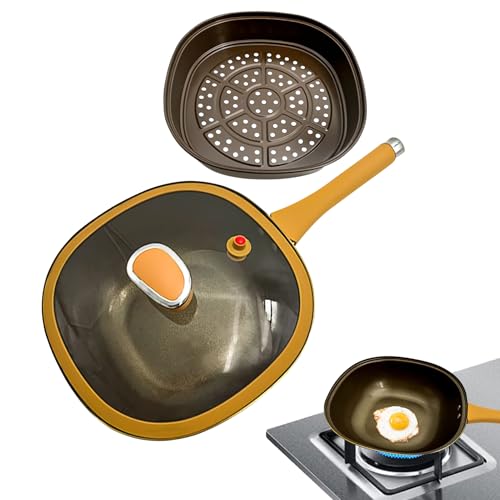 Huvqianu ノンスティック フライパン | 蓋付きスキレットとフライパン,12インチ 調理器具 エルゴノミックハンドル 調理 オーブン 家庭用キッチン 屋内 アウトドア キャンプ