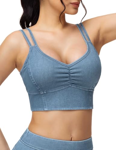 THE GYM PEOPLE Women's Denim Crop Tops V-Neck Padded Strappy Jean Camisole