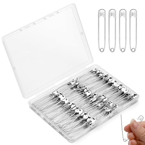Mnuizu 100Pcs Large Safety Pins 2.2inch/55mm Heavy Duty Large Safety Pins Nickel Plated Steel Safety Pin for Sewing Craft Fashion Accessories Making with Storage Box