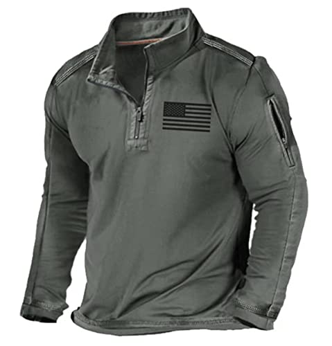 MTINDO Sudadera Táctica De Entrenamiento Al Aire Libre para Hombres Vintage Distressed American Flag Print Zipper Stand Up Collar Sudadera De Manga Larga Verde Militar XL