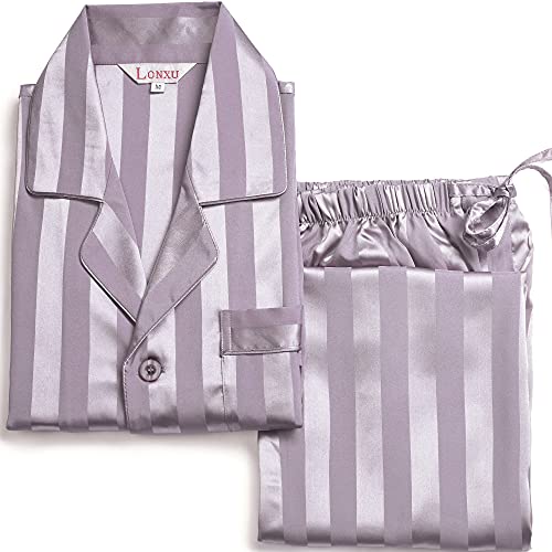 Image of Lonxu Pajamas Set Mens Silk Satin Pajamas Long Sleeve Loungewear Two-Piece Sleepwear Button-Down Pj Set S-XXXXL