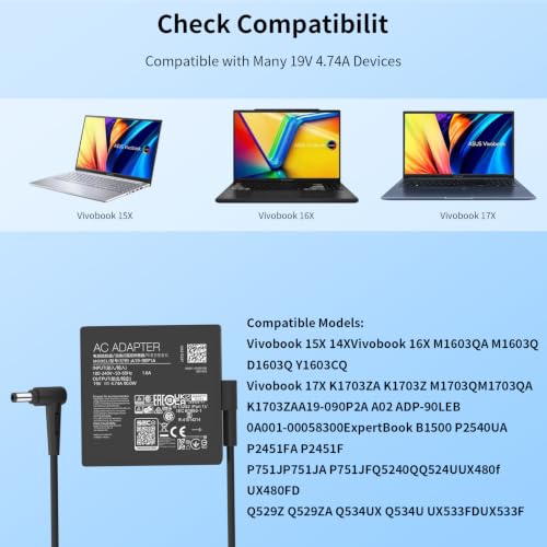 Image of 90W Laptop Charger Compatible with Asus Vg27aq Vg32vq Vg279qm K53 K53B K53BY K53E Q524Uq Q534Ux Q524Uq-Bbi7T1 Q524Uq U500V Adp-90Le B Laptop Power Adapter