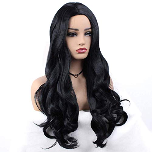 ZANA Pelucas sintéticas negras onduladas largas para mujeres, peluca rizada para damas, pelucas de cabello resistentes al calor de repuesto negro natural 24 pulgadas 60 cm