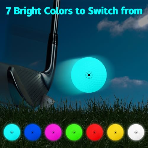 THIODOON Golfbälle, die im Dunkeln leuchten, durch Licht aktiviert, 7 Farben, bleiben beleuchtet, einfaches Ein- und Ausschalten mit Taschenlampe, leuchtende Golfbälle für nächtliches Golfen, 6er-Pack