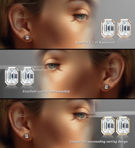 Raneecoco 4.0ct Total Emerald Cut Cubic Zirconia CZ Earrings Stud / 18K Gold Plated Sterling Silver4