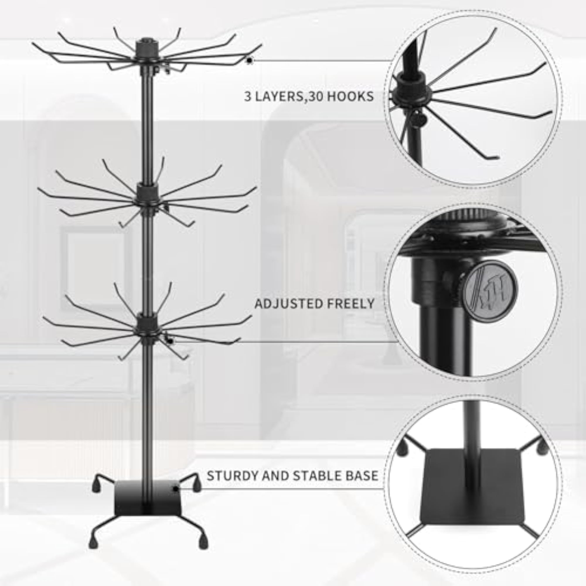 3 Tier Rotating Keychain Earring Display Stand, Black