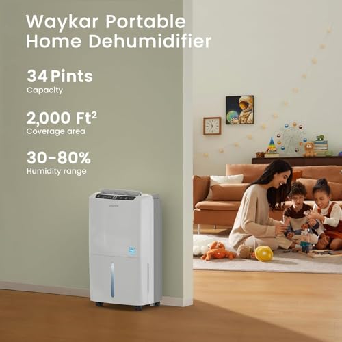 Image of Waykar 34 Pints 2025 Most Efficient Energy Star Dehumidifier for Home & Basement, Ideal for Spaces up to 2,000 Sq. Ft. with Auto or Manual Drainage, 0.62-Gallon Water Tank