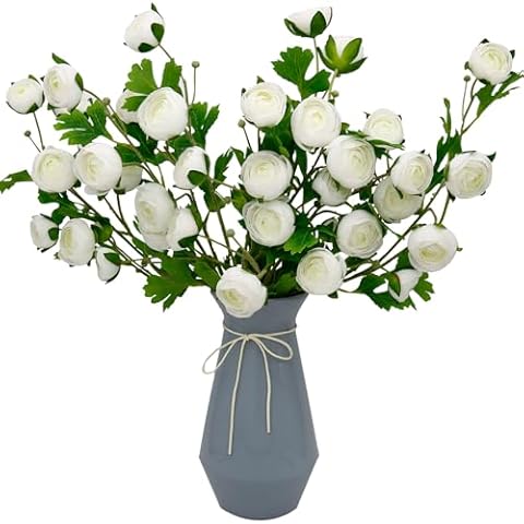 VIKINGS PANDA 6 Pcs 29'' Ranunculus Artificial Flowers with Stem, 42 Heads Mini Peonies Artificial Flowers,Silk Flowers for Home Decor Indoor (White) Cover