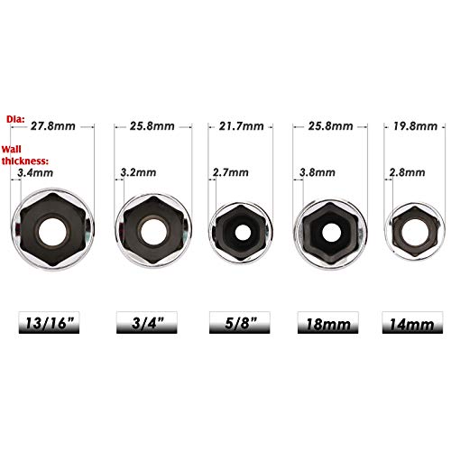 Image of MIXPOWER 3 /8-Inch Drive Spark Plug Socket Set, SAE & Metric, CR-V Steel Mirror finish, 6-Point, 5 /8-Inch, 3 /4-Inch, 13 /16-Inch, 14mm, 18mm, 5-Piece Set