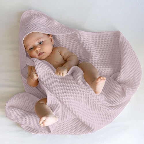 Image of Waffle Baby Blanket with Hood | 100% Cotton Muslin Baby Towel | Soft & Lightweight Newborn Swaddle Wrap (36x42 Inches,Rose)