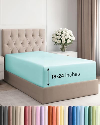Image of Deep Twin XL Fitted Sheet - College Dorm Room Essentials - Spa Blue | Easily Fits 18 inch to 24 inch Mattress, Wrinkle Resistant, Soft, Breathable & Comfy, Extra Deep Pockets Fitted Sheet