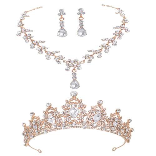 Conjunto de joyas de novia dorados collar tiara pendientes pedrería bodas compromisos