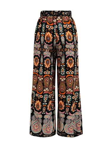Women's Boho Paisley Wide Leg Pants Drawstring High Waisted Beach Vacation Long Trousers with Pockets3