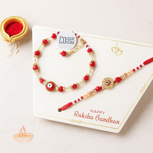 Image of King Kalai Rakhi for Brother with Coaster, Kumkum & Chawal | Traditional Beaded Thread Rakhi with Royal Kalai Thread | Raksha Bandhan Gift Hamper