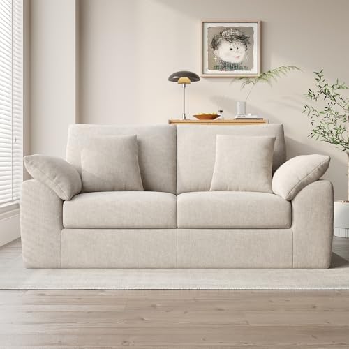 Image of 75.6 inch Modern Loveseat Sofa for Living Room, Cloud Boneless Couches with 4 Pillows, Mid Century Loveseat couches for Small Place, No Assembly Required, Camel