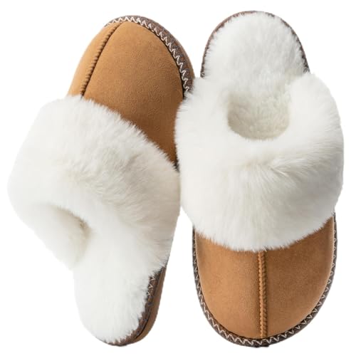 GOEWY House slippers for Women Fuzzy Fluffy Memory Foam Slippers Warm Winter Cozy Slip On Anti-Skid Gifts for Women Mom Indoor and Outdoor Size 7 8 Light Brown