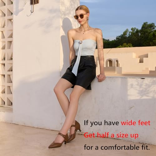 Image of RIBONGZ Comfortable Kitten Heels for Women Pointed Closed Toe Ankle Strap Buckle Heels Slip on Low Heel Church Pumps Wedding Bridal Party Dressy Shoes