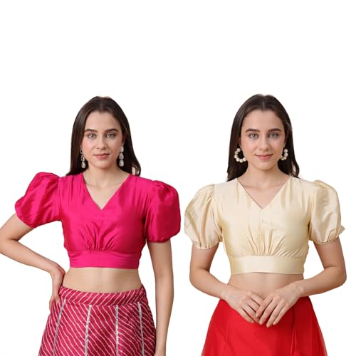 Image of Frolic Rolic Premium Silk V-Neck Blouse Readymade Saree Blouse - Designer Puff Sleeve Blouse for Wedding