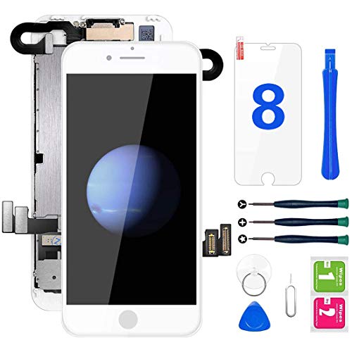 Hoonyer Ecran iPhone 8 Blanc 4,7' LCD Vitre Tactile Complet sur Châssis avec Outils de Réparation Caméra Frontale Capteur de Proximité Haut-Parleur et Protecteur Tout Assemblé