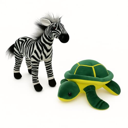 Image of Zebra & Turtle Soft Toy Combo - 30cm Zebra & 25cm Turtle Plush Animal Set for Kids | Cute Jungle & Sea Creature Stuffed Toys | Soft & Huggable | Boys & Girls Gift