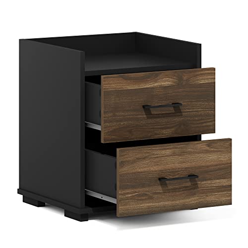 Image of Furinno Tidur Night Stand with Drawers, 2 Drawers, Brown Walnut /Black | Compact, Open Shelf Nightstand, Bedside Table, End Table, Side Table for Small Spaces, Living Room, Bedroom