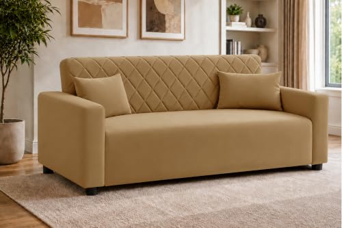 Image of Rosebell 3 Seater Wooden Sofa for Living Room, Modern Fabric Upholstered Sofa with Quilted Backrest, Cushioned Seating, Padded Armrests & Sturdy Wooden Frame - Golden