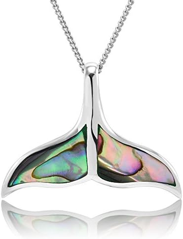 925 Sterling Silver Abalone Shell Whale Tail Pendant Necklace, 18"