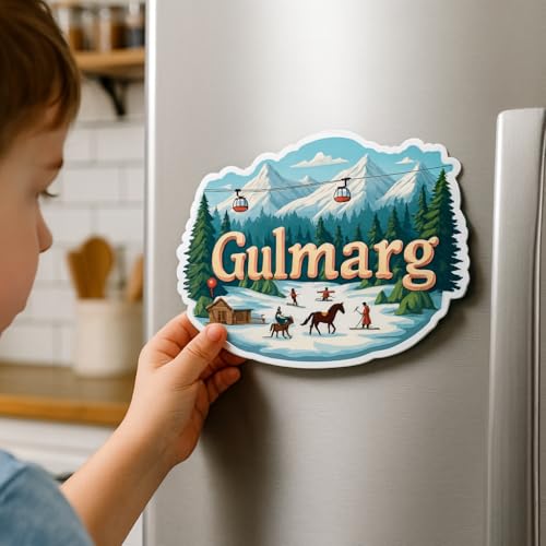 Image of Naxon Gulmarg Kashmir Theme Souvenir Wooden Fridge Magnet | Snow Valley & Gondola Design 3x3 Inch Refrigerator Magnet for Kitchen & Home Decor | Travel Gift from Gulmarg | Pack of 1