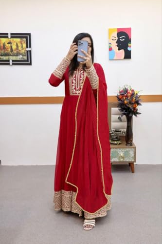 Image of KEDARFAB Women's Georgette Sequence Embroidered Anarkali Kurta Set with Dupatta | Gown Dress for Women (L-Red Kismat Gown)
