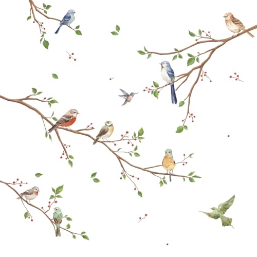 Runtoo Bird on Tree Branch Wall Decals Watercolor Birds Flower Wall Stickers Bedroom Living Room Office Home Decor