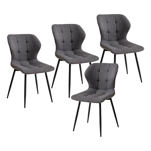 GrandCA HOME Lot de 4 Chaises de Salle à Manger Rembourrées en Lin avec Dossier et Pieds en Métal Noir pour Cuisine, Salle à Manger, Chambre - Gris Foncé