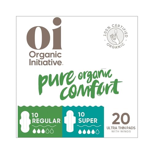 Image of Oi | Organic Initiative - Ultra Thin Pads with Wings, 20 Count (10 Regular /10 Super) | 100% Certified Organic Cotton Pads, Unscented | Leak Free, Biodegradable Thin Pads for Women | Non-GMO, Non Toxic