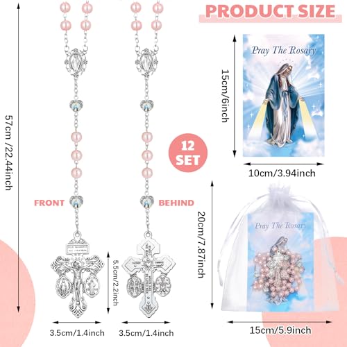 12 Set Rosary Catholic Gifts for Women 8 mm Pink Rosary Necklace Artificial Pearls with Pardon Crucifix Necklace Pray Card for Women Men First Communion Christian Confirmation Gifts2