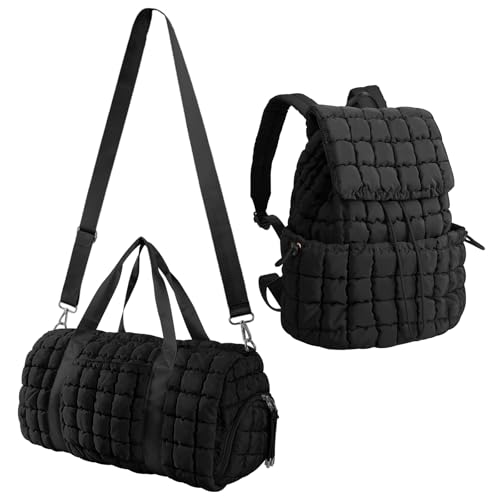 Quilted Travel Duffle Bag Gym Bag&Quilted Backpack Purse for Women,Large Puffer Duffle Weekender Bag Lightweight Puffer Puffy College Laptop Backpack with Compartment for Travel Gym Airplane(Black)