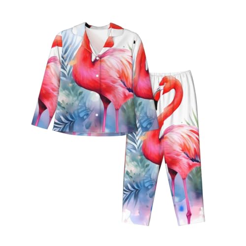 Pyjama flamant rose noir pour femme boutonné en satin doux