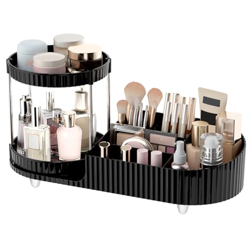 Image of Makeup Organizer Countertop for Vanity with 360 Rotating Perfume Trays, 7-Compartment Skincare Organizers and Make Up Desk Storage, Cosmetic Organizer with Brush Holder for Bedroom Bathroom Counter