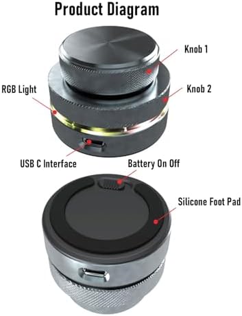 Diagram of the Goshyda Multifunction Programmable Rotary Button Controller, labeling Knob 1, Knob 2, RGB Light, USB C Interface, Battery On/Off switch, and Silicone Foot Pad.