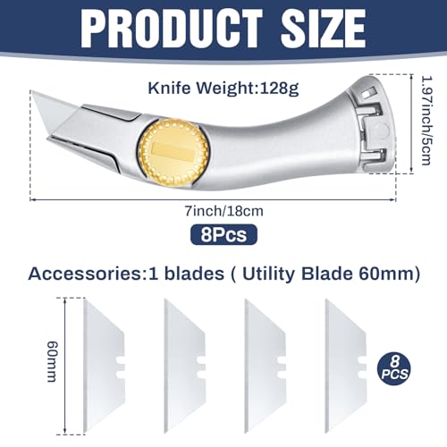 Image of 8 Pcs Carpet Knife Heavy Duty Vinyl Drywall Knife Roofing with Replacement Fixed Utility Blades Silver Fixed Blade Roofer's Roofing Tools Cutter with Holster Belt Clip